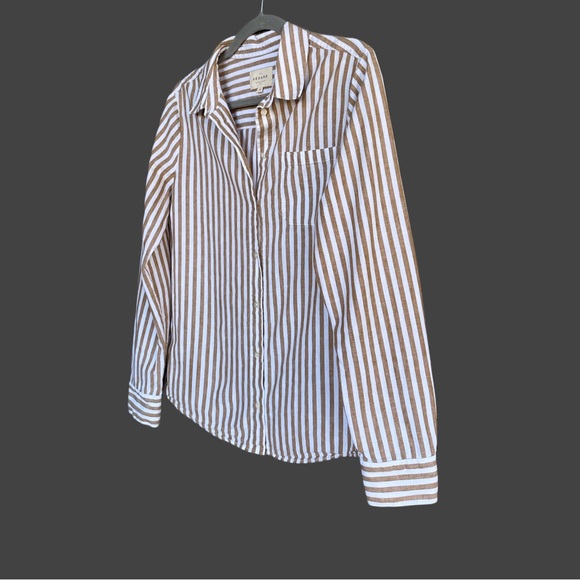SEZANE Camel Tan & White Ecru Linen Cotton Striped Button Down Tomboy Shirt - Picture 14 of 17